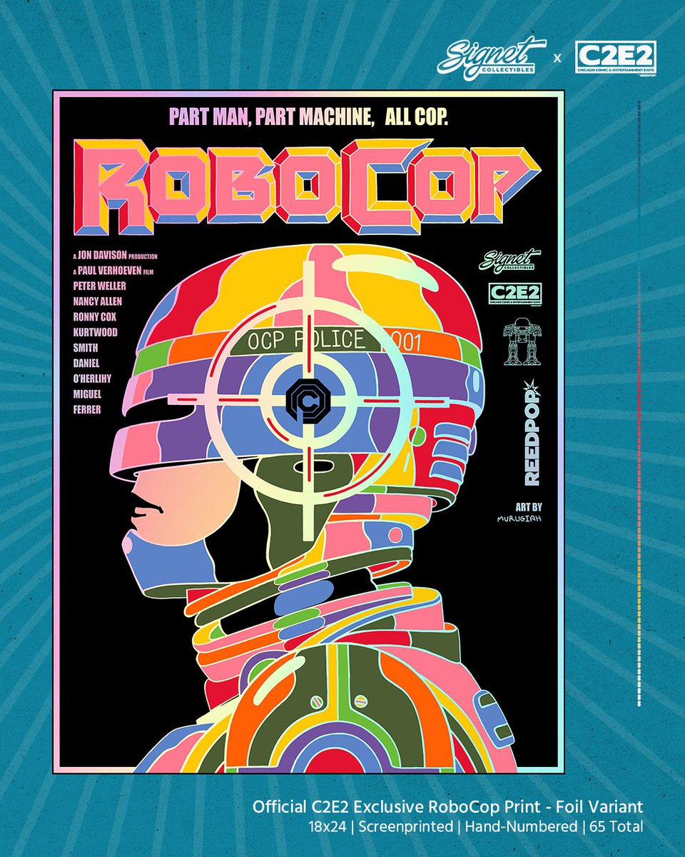 Suit up for this Official <a href="/c2e2/">C2E2</a>  Exclusive RoboCop Print, a bold hand-numbered 18x24" screenprint by <a href="/Murugiah_/">MURUGIAH</a> - available in two limited editions:

‼️ Regular Edition – Limited to 190
✨ Foil Variant – Limited to 65

collectsignet.com/collections/ex…