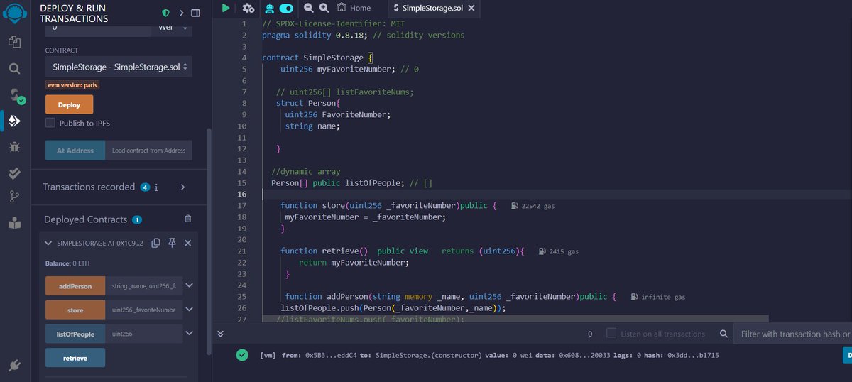 leanclean331696's tweet photo. Day 4 : learned arrays and structs and deployed first remix vm contract
Arrays: a reference type meant for storing a group of data.
Structs: to establish a new data type that groups multiple variables.🤠
also learned some keywords like view,public, etc...
#Solidity #ETH #loved https://t.co/Ezfc6XzoAB