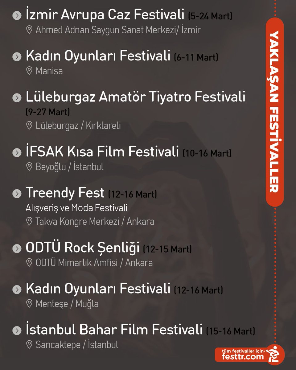 Yaklaşan festivallerin listesi 🗓️ Post'u faydalı bulduysan beğenmeyi unutma ❤️

Tüm festivaller için festtr.com