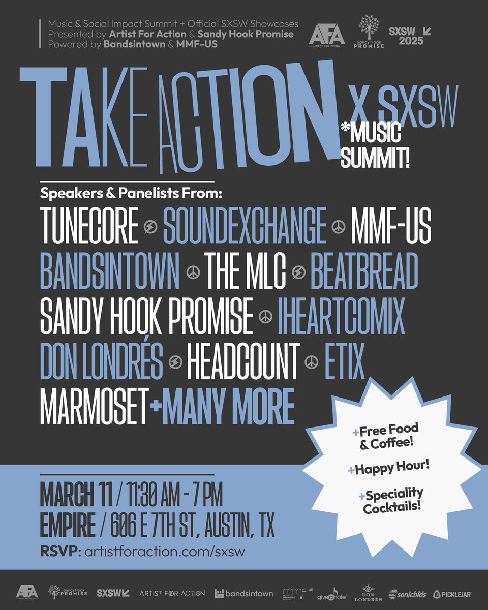 Artist For Action (@afaventures) on Twitter photo Take Action x SXSW!
RSVP now <a href="/sxsw/">SXSW</a> for an event series of music & impact. Together we’ll raise awareness about gun violence prevention, mental health & community safety <a href="/sandyhook/">Sandy Hook Promise</a>
📅 3/10 + 3/11
📍<a href="/mohawkaustin/">Mohawk Austin</a>
🎟 RSVP artistforaction.com/sxsw
⚡️<a href="/afamgmt/">Artist For Artist</a> <a href="/MMFUS/">Music Managers Forum</a> <a href="/Bandsintown/">Bandsintown</a> Take Action x SXSW!
RSVP now <a href="/sxsw/">SXSW</a> for an event series of music & impact. Together we’ll raise awareness about gun violence prevention, mental health & community safety <a href="/sandyhook/">Sandy Hook Promise</a>
📅 3/10 + 3/11
📍<a href="/mohawkaustin/">Mohawk Austin</a>
🎟 RSVP artistforaction.com/sxsw
⚡️<a href="/afamgmt/">Artist For Artist</a> <a href="/MMFUS/">Music Managers Forum</a> <a href="/Bandsintown/">Bandsintown</a>