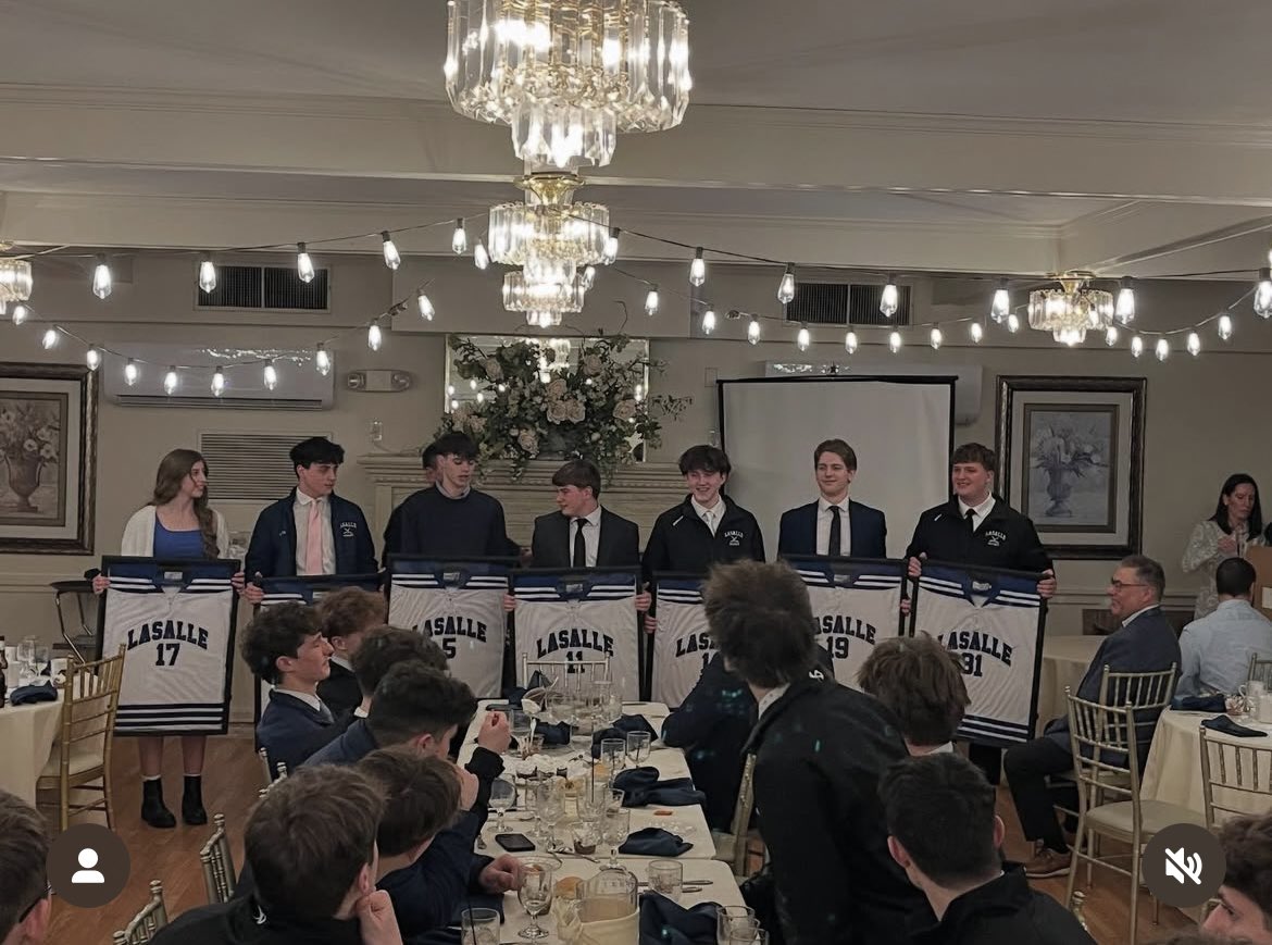 LSICadetHockey's tweet image. Celebrating LSI Hockey at our annual banquet. What a memorable season! Honoring our seniors with their framed sweaters. 💙🤍 Wish you the best!  🍀🍀🍀 @lasallecbc @Sec2hockey