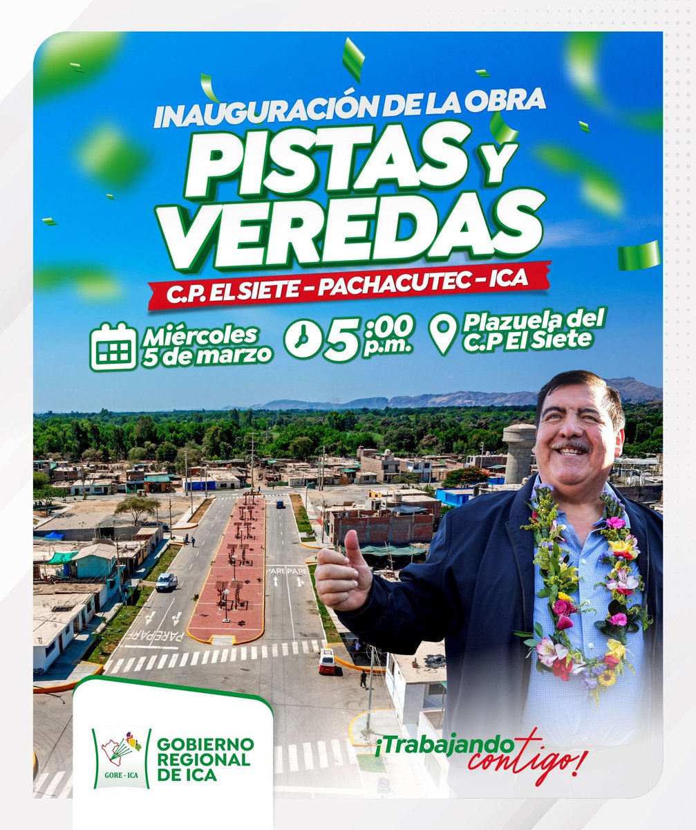 🟢INAUGURACIÓN DE LA OBRA PISTAS Y VEREDAS C.P EL SIETE - PACHACUTEC-ICA 
📌El Gobierno Regional de Ica, ha anunciado la inauguración de una obra de gran importancia para los residentes del Centro Poblado El Siete y áreas circundantes en el distrito de Pachacútec.