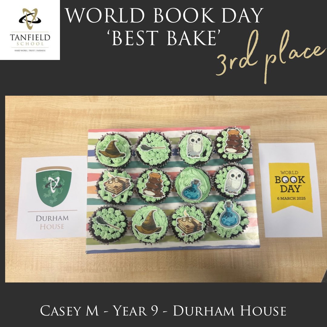 The results are in for our World Book Day ‘Best Bake’ Competition.

Congratulations to the following students on their winning bakes:
🥇Callum G- Year 7 - Sunderland House 
🥈Cameron M - Year 7 - Sunderland House 
🥉Casey M - Year 9 - Durham House

#teamtanfield #worldbookday2025