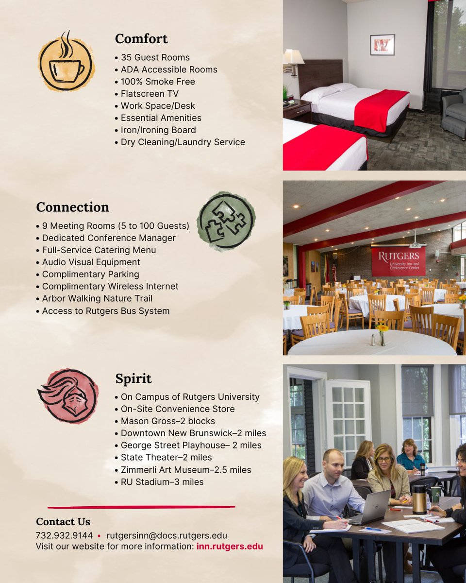 Join us at our Spring Open House on Wednesday, April 2nd from 9AM-12PM at the Rutgers University Inn and Conference Center! Tour our 9 meeting spaces, sample delicious catering options, and meet our Conference Services Manager + team!🎉 
RSVP by 3/26 here: bit.ly/41wFOuh