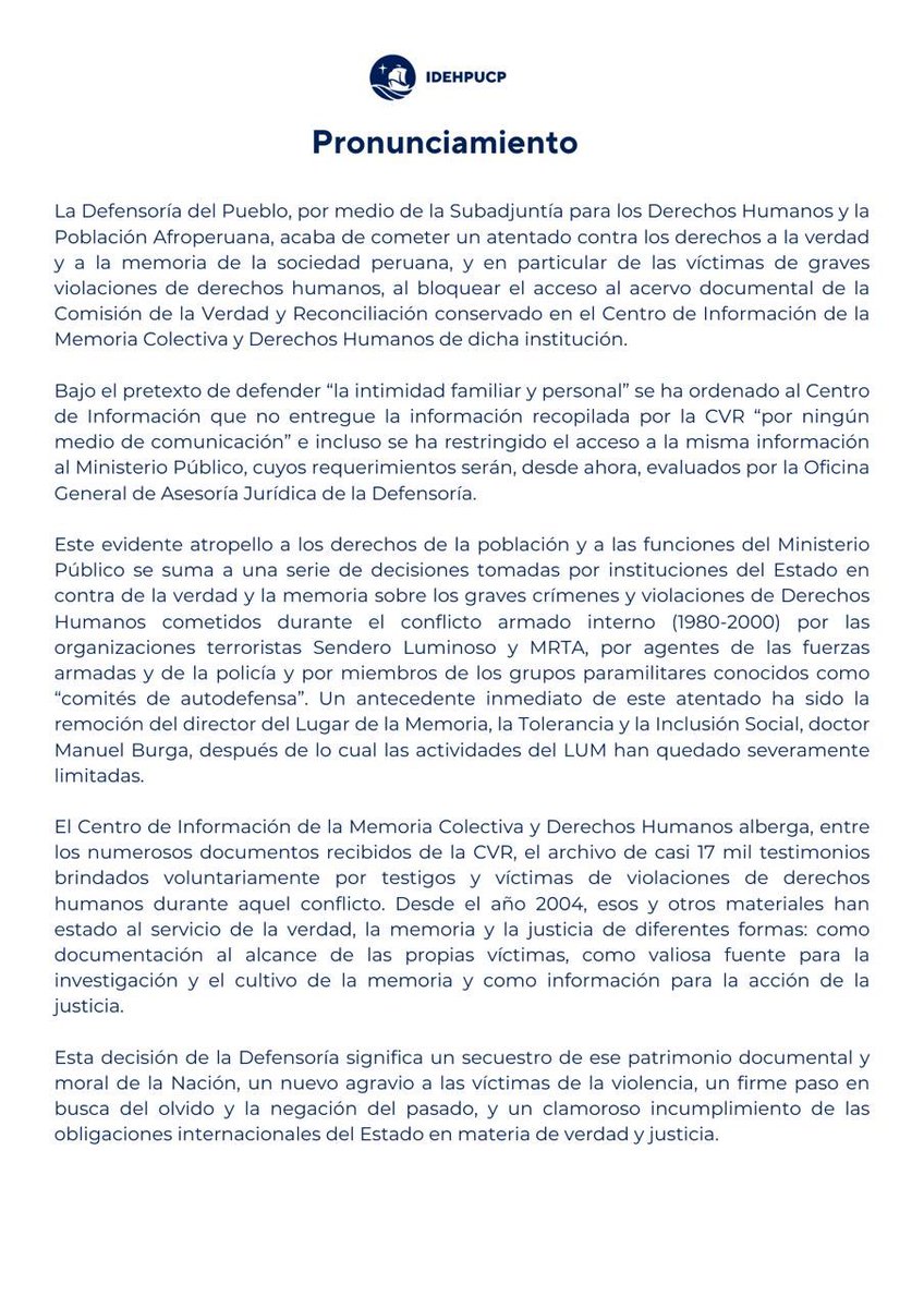 🚨Pronunciamiento:
El IDEHPUCP alerta ante el peligro que supone que la Defensoría del Pueblo bloquee el acceso al acervo documental de la Comisión de la Verdad y Reconciliación conservado en el Centro de Información de la Memoria Colectiva y Derechos Humanos de dicha institución