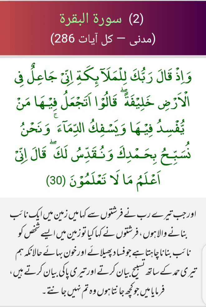 بسم اللہ الرحمٰن الرحیم
 The Context:
This verse occurs in the context of the creation of Adam and the angels' initial reaction to the idea of a human being given authority on earth. 
#خاتم_النبیین_رَحۡمَةًلِّلۡعَٰالَمِينَ_محمّدﷺ
#QuranicTranslation
#Islam #اردو #اسلام