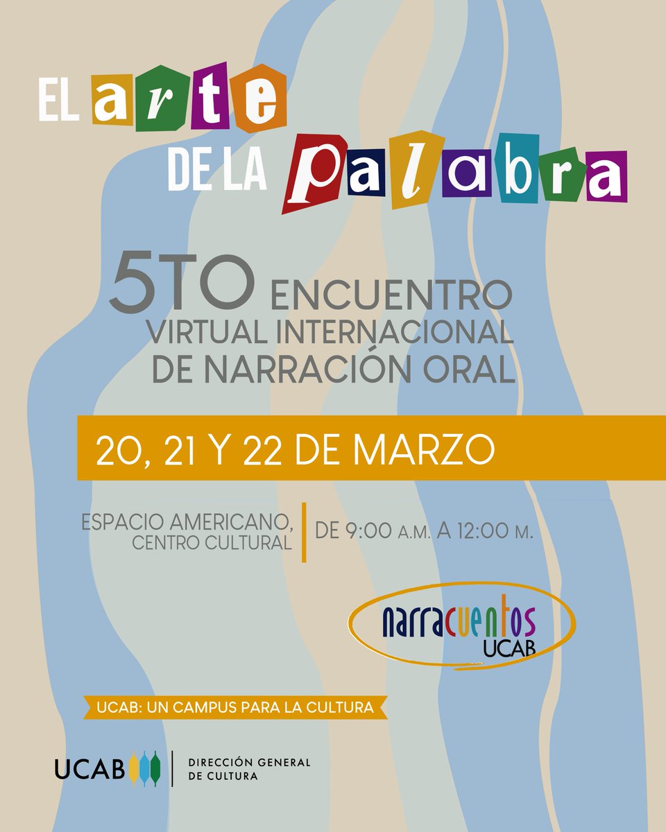 Este 2025 regresa el 5to Encuentro virtual internacional de narración oral "El Arte de la Palabra"

Serán 3 jornadas en las que narradores de distintas latitudes se unen a reflexionar y a contar ✨

¡Acompáñanos! 20, 21 y #22Mar| Espacio Americano #CentroCulturalUCAB