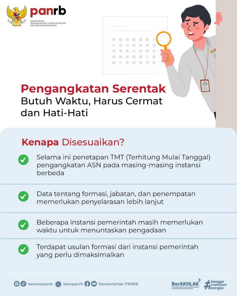 kempanrb's tweet photo. Penyesuaian jadwal pengangkatan CASN 2024 dilakukan atas keputusan bersama pemerintah &amp; Komisi II DPR RI pada Rabu, 5 Maret 2025 yang lalu. 

Ada beberapa alasan mengapa hal ini perlu disesuaikan. Pertama, data ttg formasi, jabatan, &amp; penempatan butuh penyelarasan lebih lanjut. https://t.co/m1yAL1OBWA
