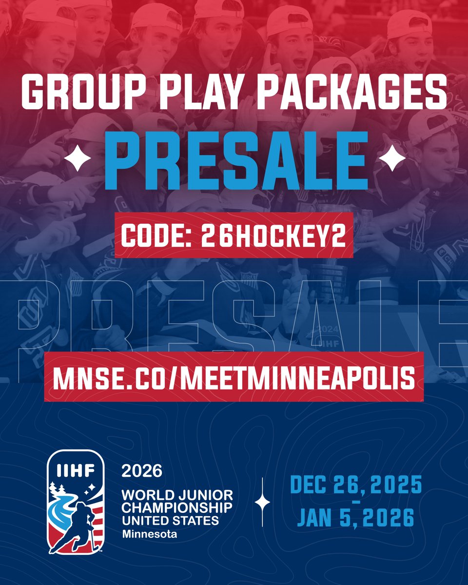 🚨 Presale Group A &amp; B tickets are available for the 2026 IIHF World Junior Championship! 🚨  bit.ly/41uLqW0

🏒 Code: 26HOCKEY2 at checkout!