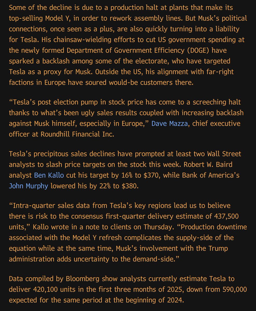 garyblack00's tweet photo. Many in the media are starting to recognize the shortfall in $TSLA 1Q delivs is due in large part to buyers delaying taking deliveries of Model Y until the refreshed version is available. The naive media keeps blaming the 1Q delivery shortfall on Elon’s political comments and DOGE spending cutbacks.  While Dems may be increasingly against buying Teslas, Republicans are likely thrilled with Elon’s comments and DOGE efforts.