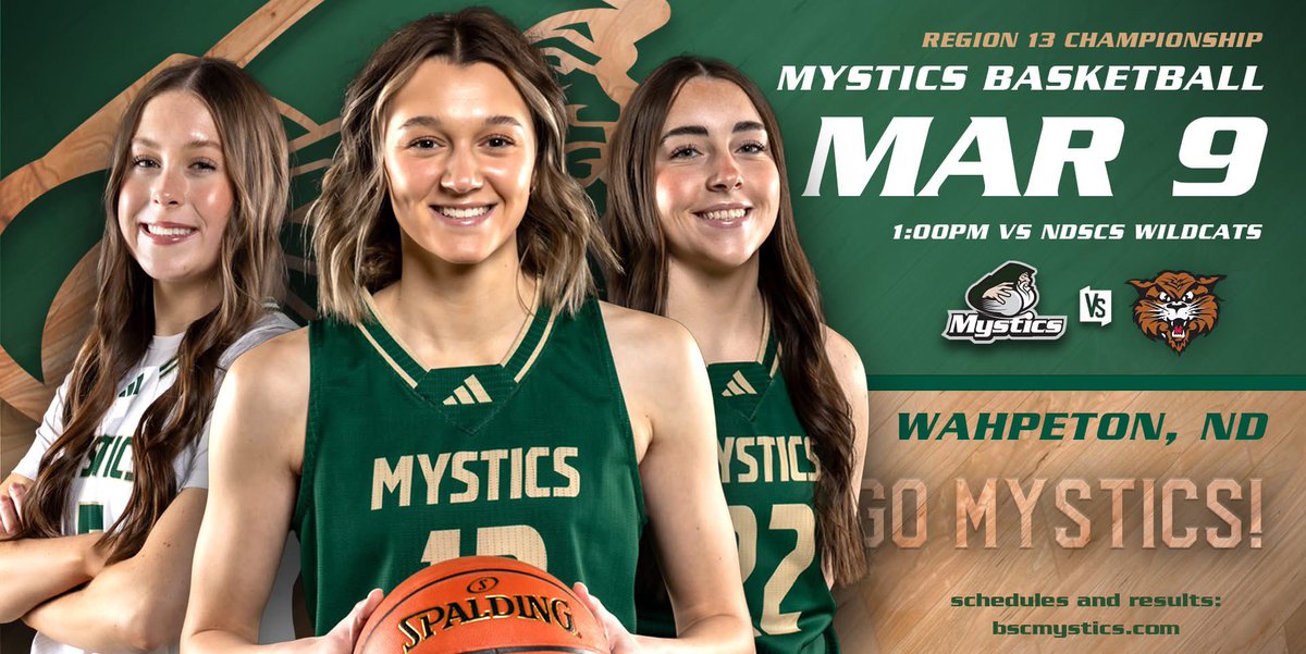 The BSC Women's Basketball Team is competing in the Mon-Dak Region Championship against NDSCS, this Sunday!

📍 Location: NDSCS
⏰ Tip-off: 1:00 p.m.
📺 Watch Live: youtube.com/c/NDSCSAthleti…

The winner advances to the District Championship. 🔮✨🔥

#GoMystics #MysticNation