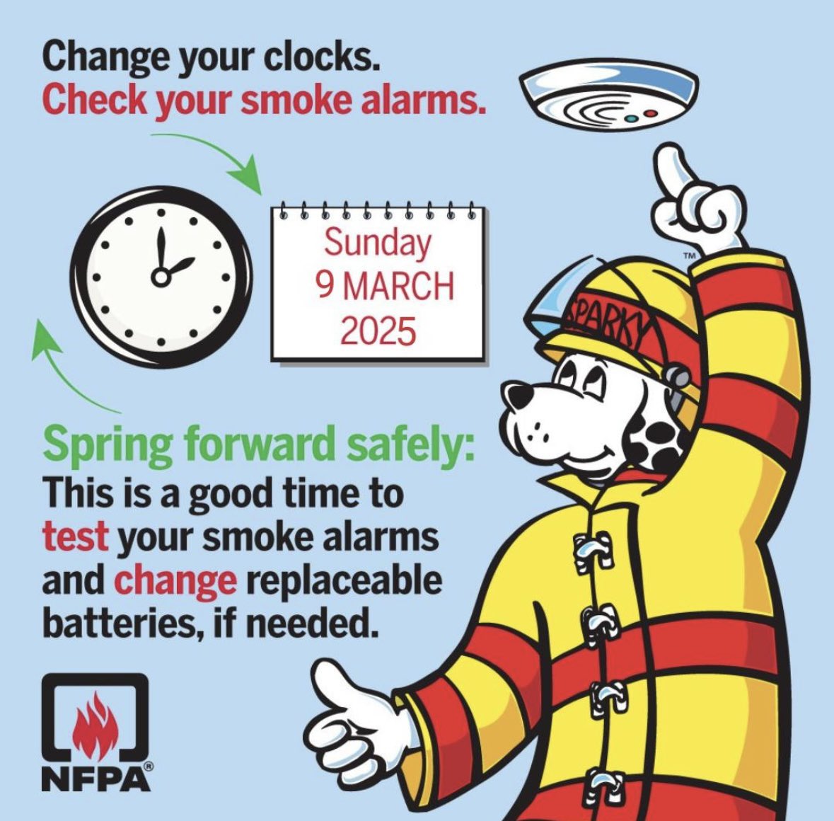 AdamsOEM's tweet photo. We'll lose an hour of sleep and "spring forward" starting 2 a.m. Sunday, March 9. Don't forget to also test your smoke alarms and carbon monoxide detectors and replace their batteries! https://t.co/fZGu67AP4f