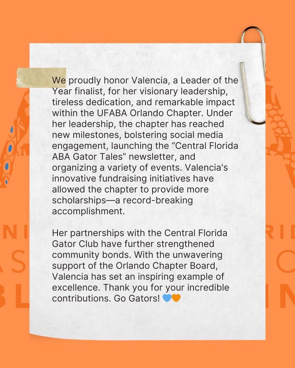 UFBlackAlumni's tweet photo. Salute to ABA’s own Valencia Poitier, Esq. leader of @UFBlackAlumni Central Florida chapter and a finalist for @ufalumni Leader of the Year! Thank you for your continuous hard work and dedication towards the ABA mission.🫡 🧡 💙 https://t.co/N13VTftLU7