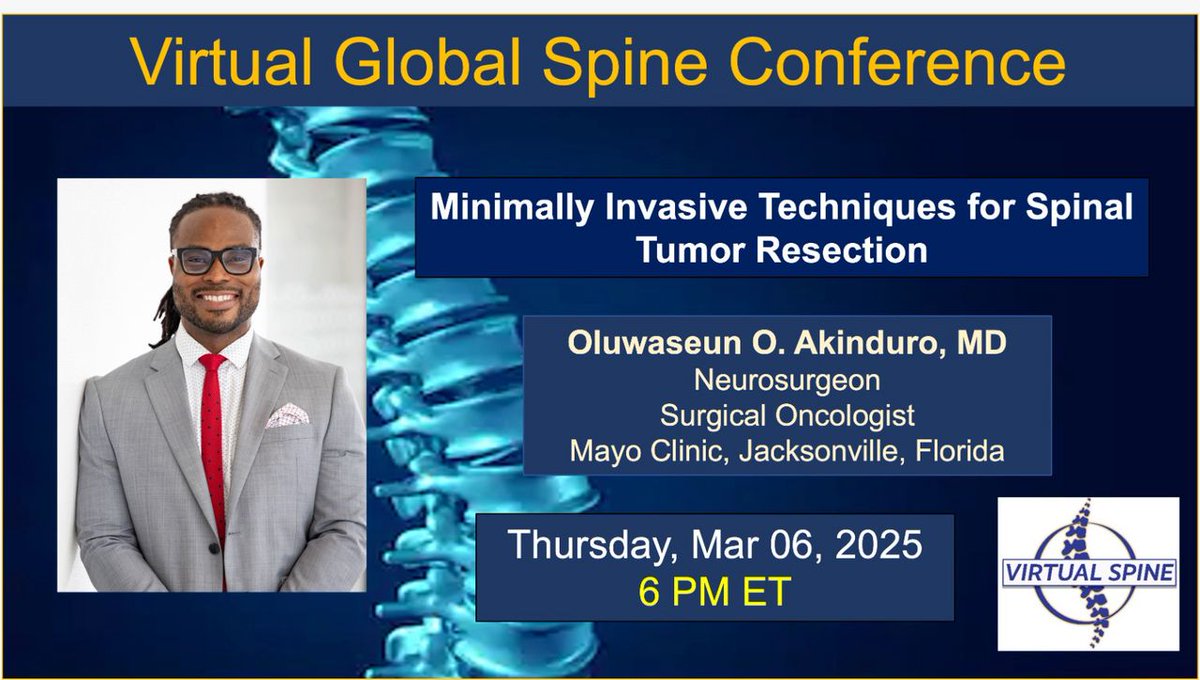 Virtual Global Spine Conference (@virtualspine) on Twitter photo Catch Dr. Oluwaseun O. Akinduro's <a href="/oakinduroMD/">Oluwaseun Akinduro</a> session on "Minimally Invasive Techniques for Spinal Tumor Resection," now available on our YouTube channel! 🎥 youtube.com/watch?v=bSnToZ…
Explore expert insights from <a href="/MayoClinicNeuro/">Mayo Clinic Neuro</a> on advanced techniques for resecting spinal tumors. Catch Dr. Oluwaseun O. Akinduro's <a href="/oakinduroMD/">Oluwaseun Akinduro</a> session on "Minimally Invasive Techniques for Spinal Tumor Resection," now available on our YouTube channel! 🎥 youtube.com/watch?v=bSnToZ…
Explore expert insights from <a href="/MayoClinicNeuro/">Mayo Clinic Neuro</a> on advanced techniques for resecting spinal tumors.