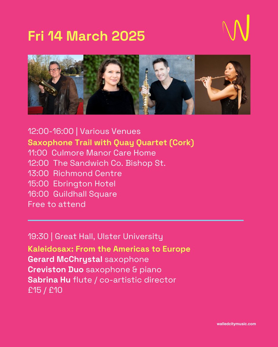walledcitymusic's tweet photo. ✨ ONE WEEK TO GO! A spectacular saxophone takeover on Day 2 of the Walled City Music Festival!

The WCMF takes place 13 - 16 March, bringing world-class music to Derry

Programme:
https://t.co/ctlOVYgaz0 

@ArtsCouncilNI     
@dcsdcouncil      
@UlsterUni   
@KPMG_Ireland https://t.co/7yWKsuaoWG