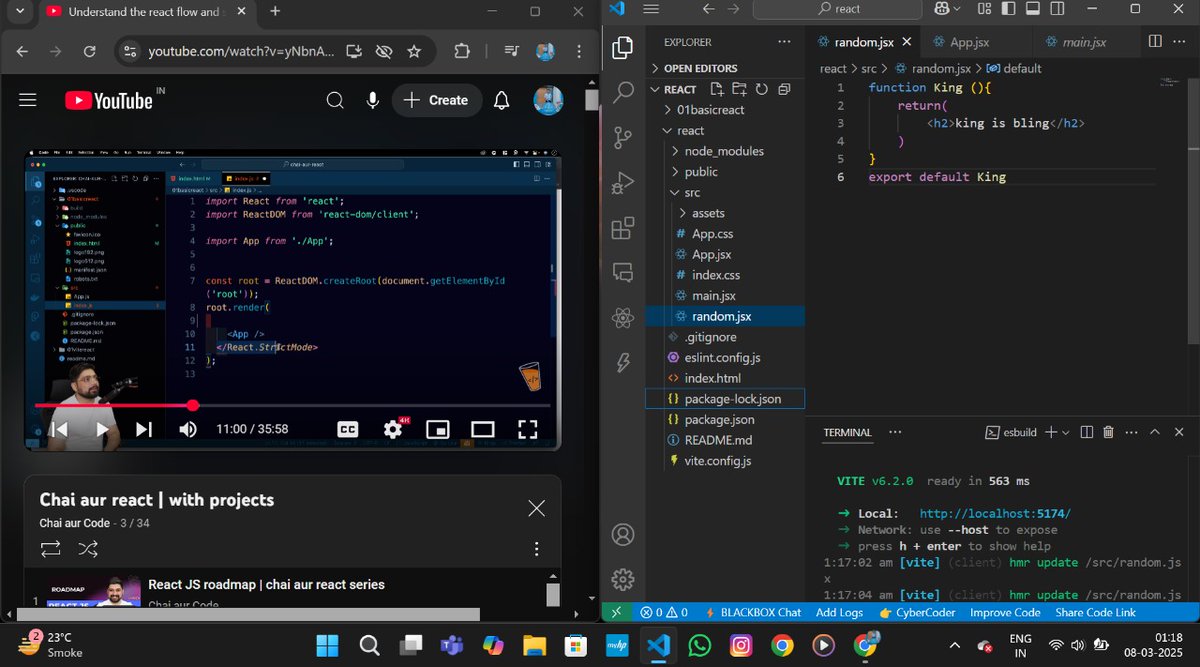 Moinkhan_dev's tweet photo. Day 3 with react 🚀 

Learned about making components, understood about react flow, react structure had a great session with @Hiteshdotcom 

#ReactJS #LearnReact #ReactDevelopers #ReactForBeginners #100DaysOfCode #CodeNewbie #DevJourney #WebDevelopment #Frontend #100daysofcode https://t.co/1QUm837hCc