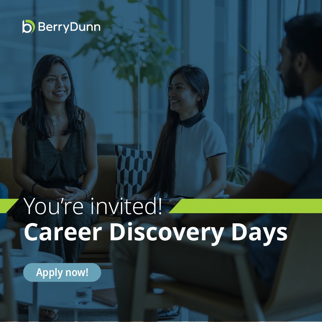 Through #CareerDiscoveryDays, you'll have the opportunity to learn about BerryDunn, connect with professionals in our #accounting and #consulting areas, and more. 

Apply today to explore how the work we do impacts the communities we serve! bit.ly/4gTelZE