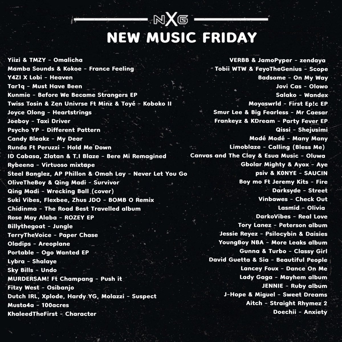 NEW MUSIC FRIDAY

Link To Playlist👇
open.spotify.com/playlist/3fu8f…

Yiizi &amp; TMZY - Omalicha
Mamba Sounds &amp; Kokoe - France Feeling
Y4ZI X Lobi - Heaven
Tar1q - Must Have Been
Kunmie - Before We Became Strangers EP
Twiss Tosin &amp; Zen Univrse Ft Minz &amp; Toyé - Koboko II
Joyce Olong -