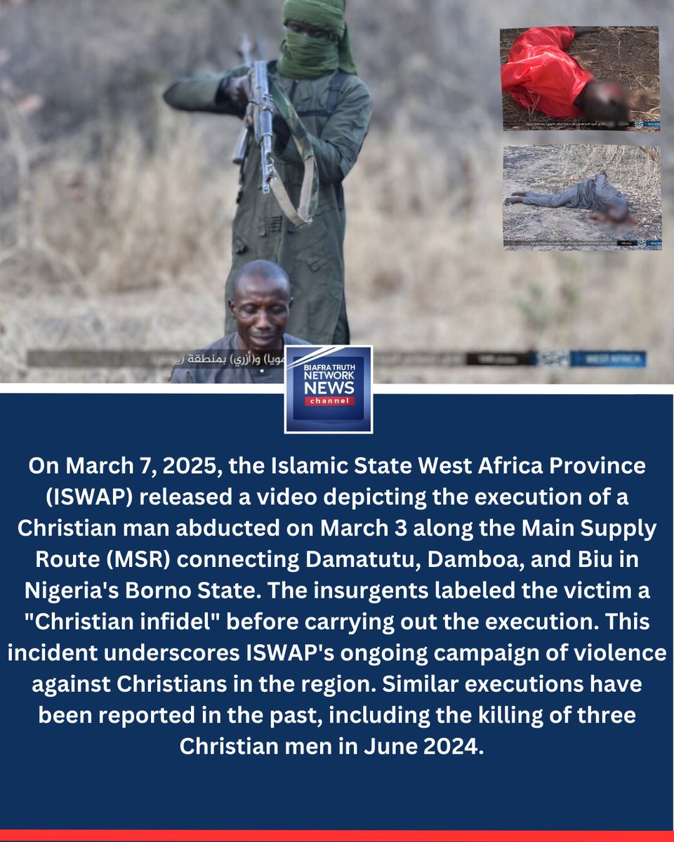 BiafraExpress's tweet image. BREAKING NEWS: ISWAP Executes Christian Hostage in Borno State, Nigeria
#ISWAP #Nigeria #BornoState #ChristianPersecution #BreakingNews