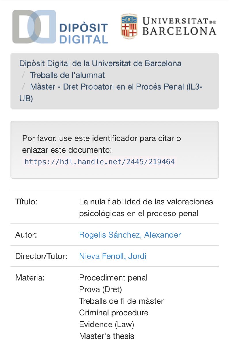 Alexrogelis's tweet photo. Luego de un arduo esfuerzo académico en la realización del TFM, del cual obtuve la máxima calificación, la @UniBarcelona ha publicado en su repositorio digital el texto en el que hablo de la nula fiabilidad de las valoraciones psicológicas en el proceso penal colombiano 🧵 https://t.co/Ium58gOD9h