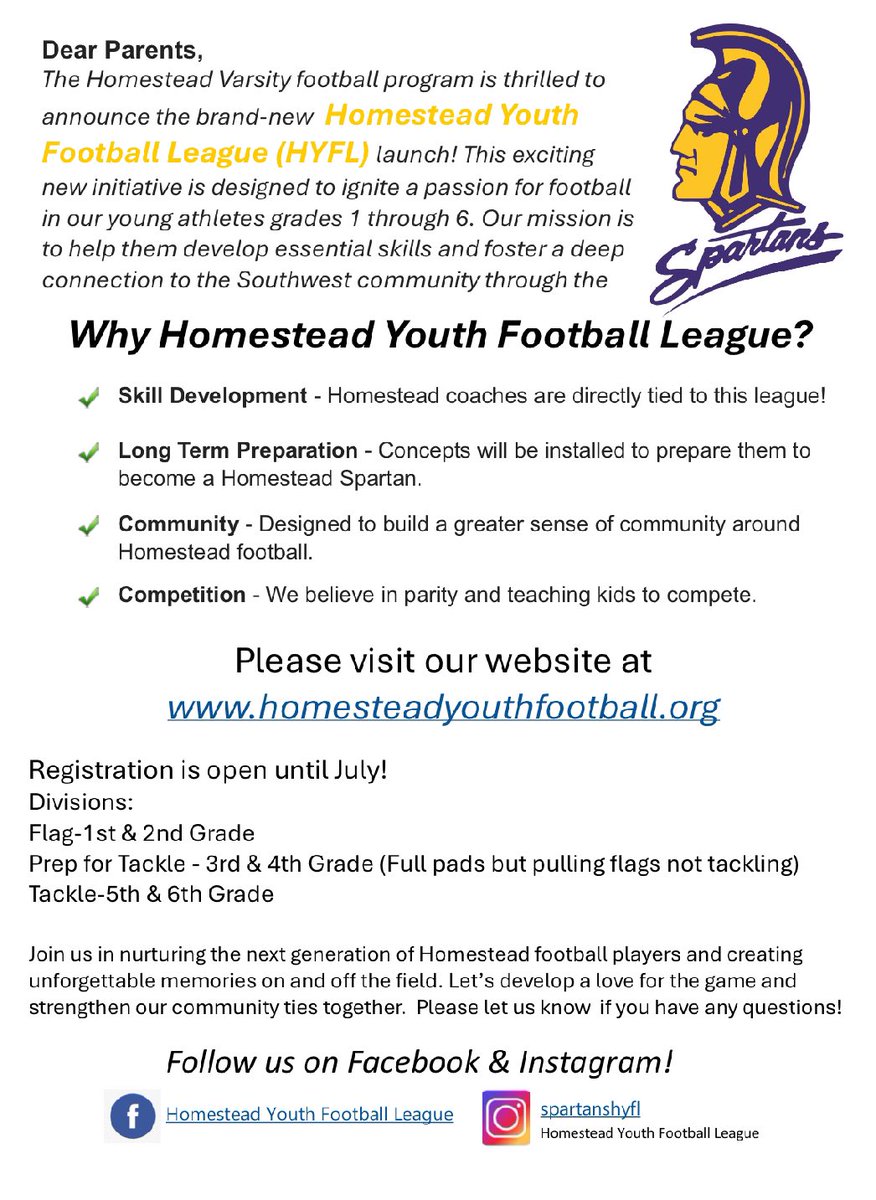 Homestead Football (@hhsspartansfb) on Twitter photo We are thrilled to announce the launch of <a href="/SpartansHYFL/">Homestead Youth Football League</a> kicking off this fall!
homesteadyouthfootball.org We are thrilled to announce the launch of <a href="/SpartansHYFL/">Homestead Youth Football League</a> kicking off this fall!
homesteadyouthfootball.org