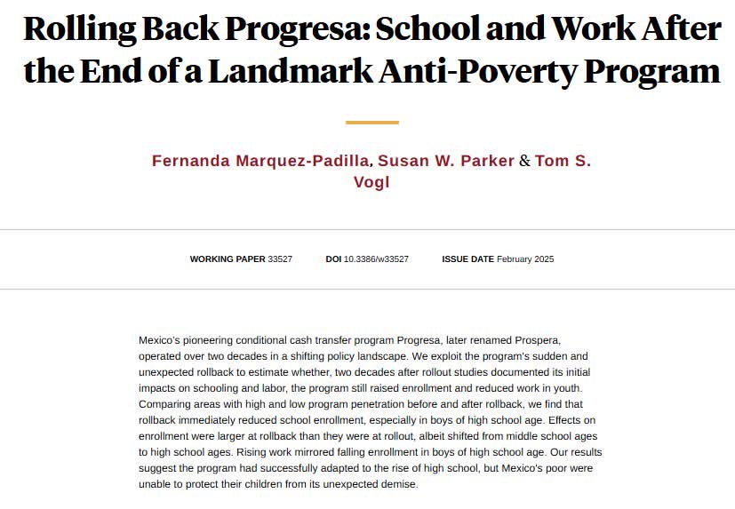 NBER (@nberpubs) on Twitter photo Slashing Mexico's landmark conditional cash transfer program caused teenage boys to drop out of school and take up work, from Fernanda Marquez-Padilla, <a href="/susanwparker_mx/">Susan W. Parker</a>, and Tom S. Vogl nber.org/papers/w33527 Slashing Mexico's landmark conditional cash transfer program caused teenage boys to drop out of school and take up work, from Fernanda Marquez-Padilla, <a href="/susanwparker_mx/">Susan W. Parker</a>, and Tom S. Vogl nber.org/papers/w33527