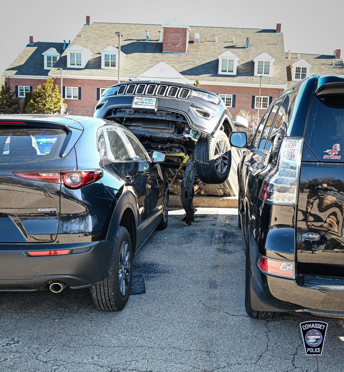 CohassetPolice's tweet image. 3 cars were damaged this morning shortly after 8 AM in a parking lot accident at a medical building off Rt. 3A. The 64-y/o driver of a Jeep pressed the accelerator instead of the brake, causing the Jeep to climb a steep retaining wall and collide with 2 pakred cars in upper lot.