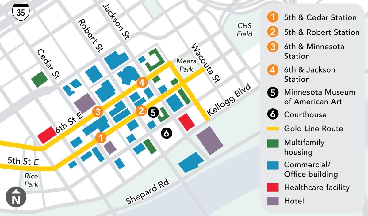 The 6th &amp; Jackson Station and 5th &amp; Robert Station are located in downtown St. Paul. The area includes large office and residential buildings, as well as the Minnesota Museum of American Art. The Mears Park and Kellogg Mall Park are both a short distance away from the stations.