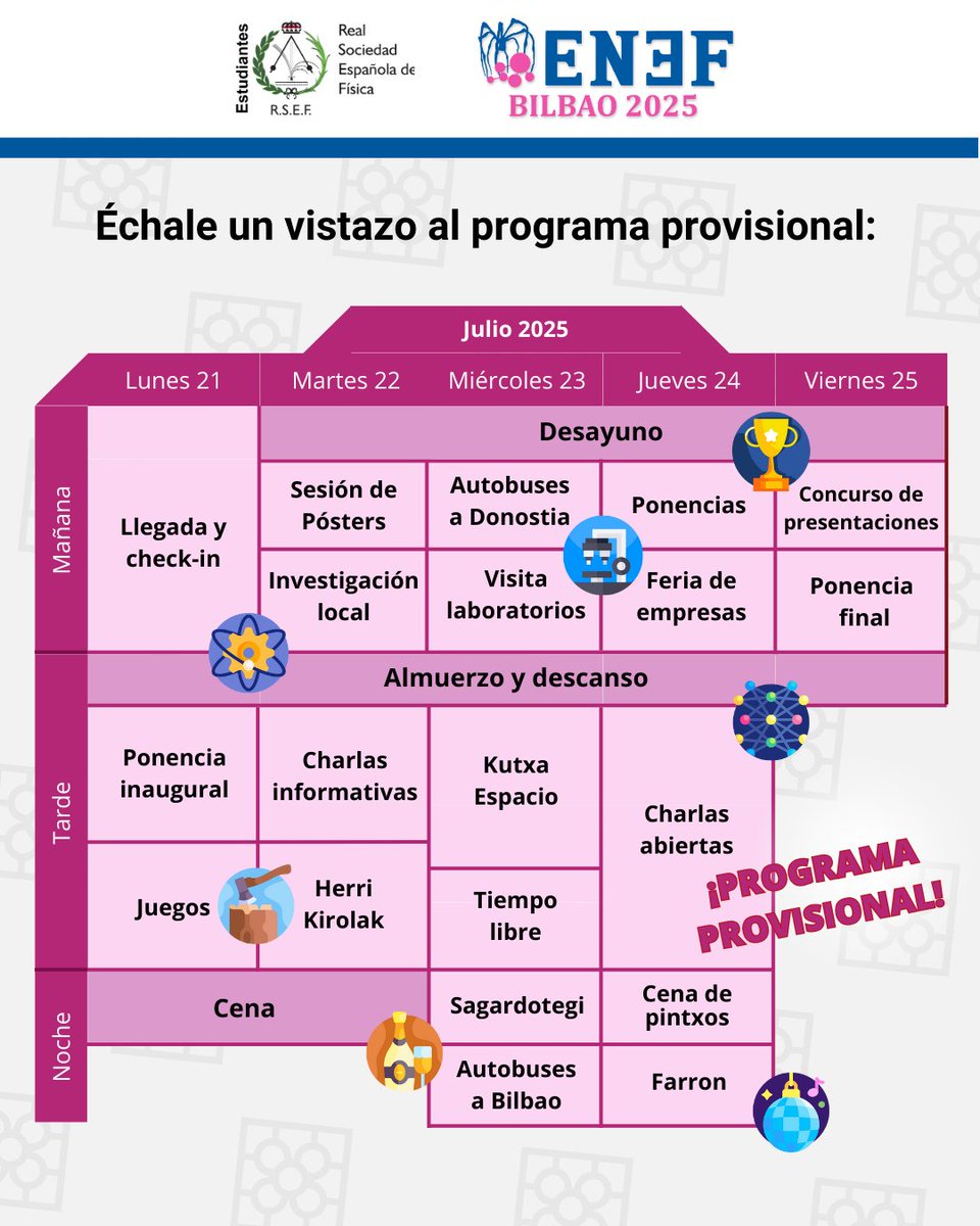 EstudiantesRSEF's tweet photo. 🤯 Volvemos a traer el evento del año... ¡El 𝗘𝗡𝗘𝗙 𝟮𝟬𝟮𝟱 ya está aquí!📍Bilbao, 21-25 de julio:
    🔬 Charlas top
    🛠️ Talleres
    🏢 Visitas a laboratorios
    💼 Feria de empresas
    🏆 Concursos
🔑 Las plazas limitadas, ¡así que atent@s a las redes! 🚀 https://t.co/lRJytesOzz