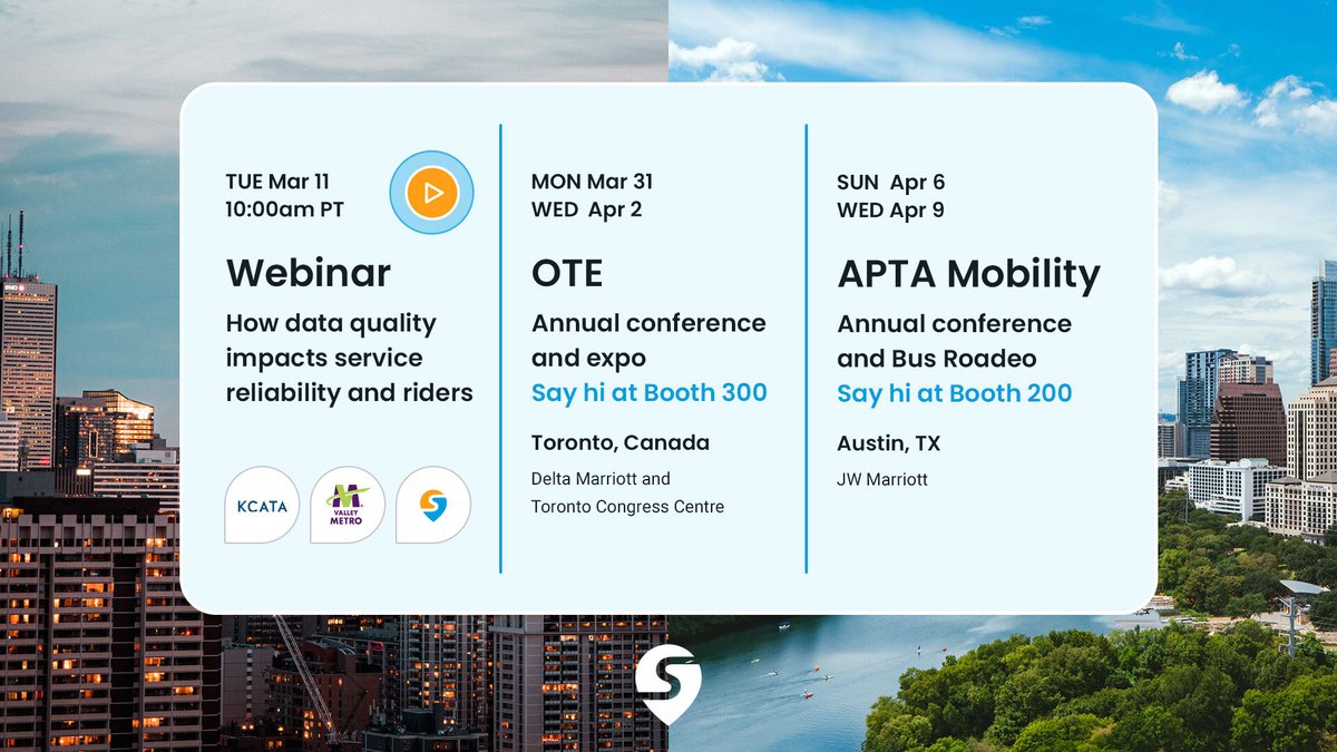 Swiftly (@swiftlyinc) on Twitter photo 🚍 Where to find Swiftly next!
Whether you’re looking to improve real-time transit data, optimize schedules, or enhance rider experience, we’d love to connect.
Let’s talk transit! Check out goswift.ly/events for more details and to schedule a time to meet up. 🚍 Where to find Swiftly next!
Whether you’re looking to improve real-time transit data, optimize schedules, or enhance rider experience, we’d love to connect.
Let’s talk transit! Check out goswift.ly/events for more details and to schedule a time to meet up.
