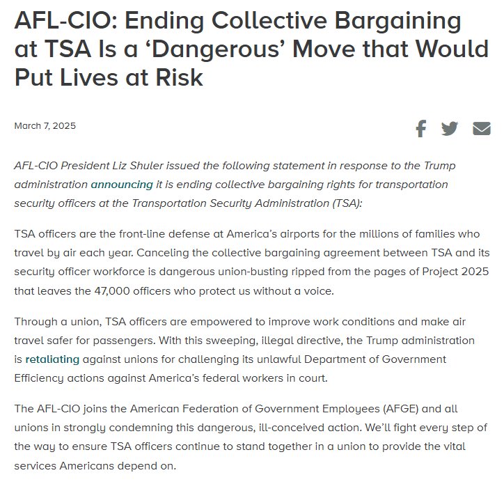 TSA officers are the front-line defense at America’s airports for millions of families. 

Canceling the collective bargaining agreement between TSA and its security officer workforce is dangerous union-busting ripped from the pages of Project 2025. aflcio.org/press/releases…