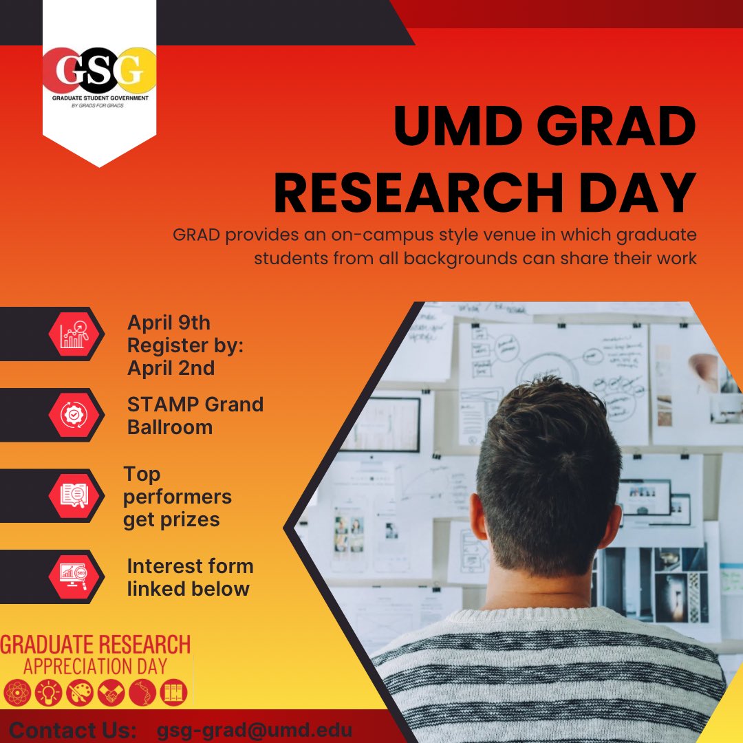 Join us for Graduate Research Appreciation Day (GRAD) 2025! 🎓✨ Showcase your research, gain valuable feedback, and connect with the UMD academic community.

🔗 Sign up now: 
GRAD 2025 Research Submissions: go.umd.edu/GRAD2025Submis… 
GRAD 2025 Volunteers: go.umd.edu/GRAD2025Volunt…