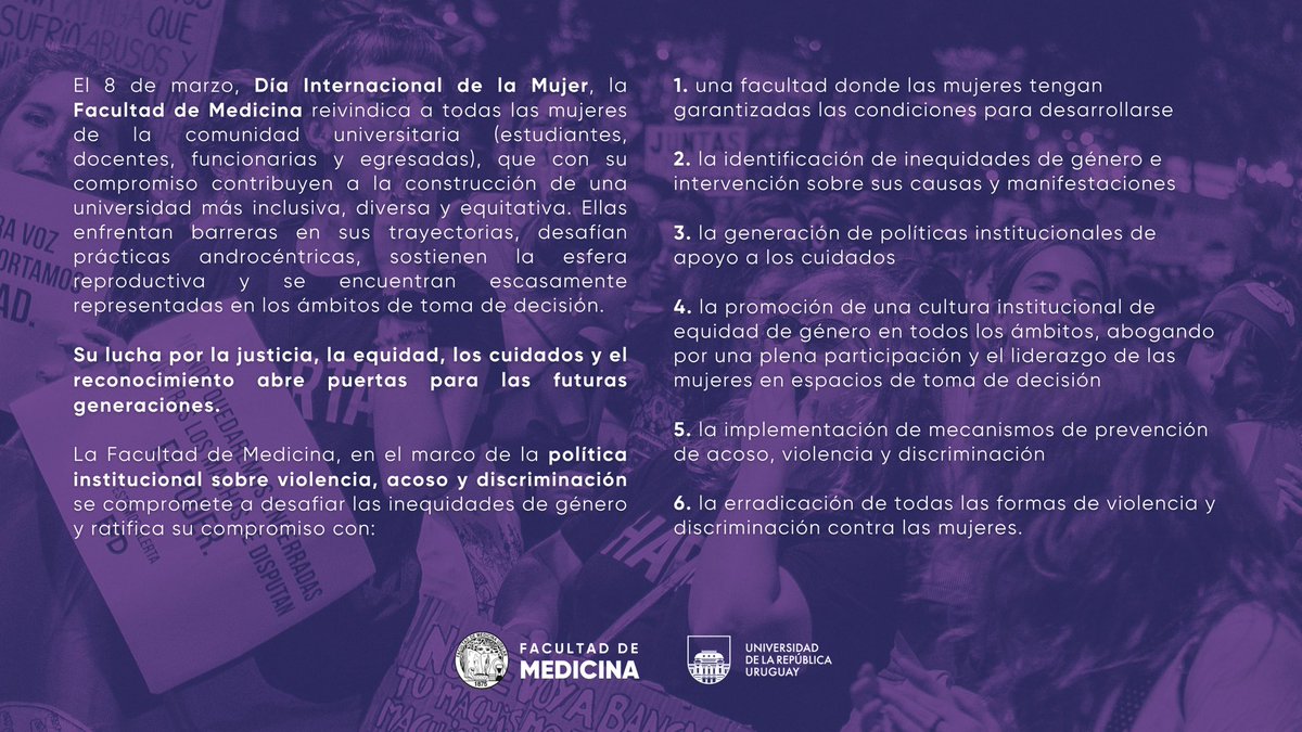 fmedoficial's tweet photo. Facultad de Medicina reivindica a todas las mujeres de la comunidad universitaria (estudiantes, docentes, funcionarias y egresadas), que con su compromiso contribuyen a la construcción de una universidad más inclusiva, diversa y equitativa. https://t.co/EAYhpm3J0L