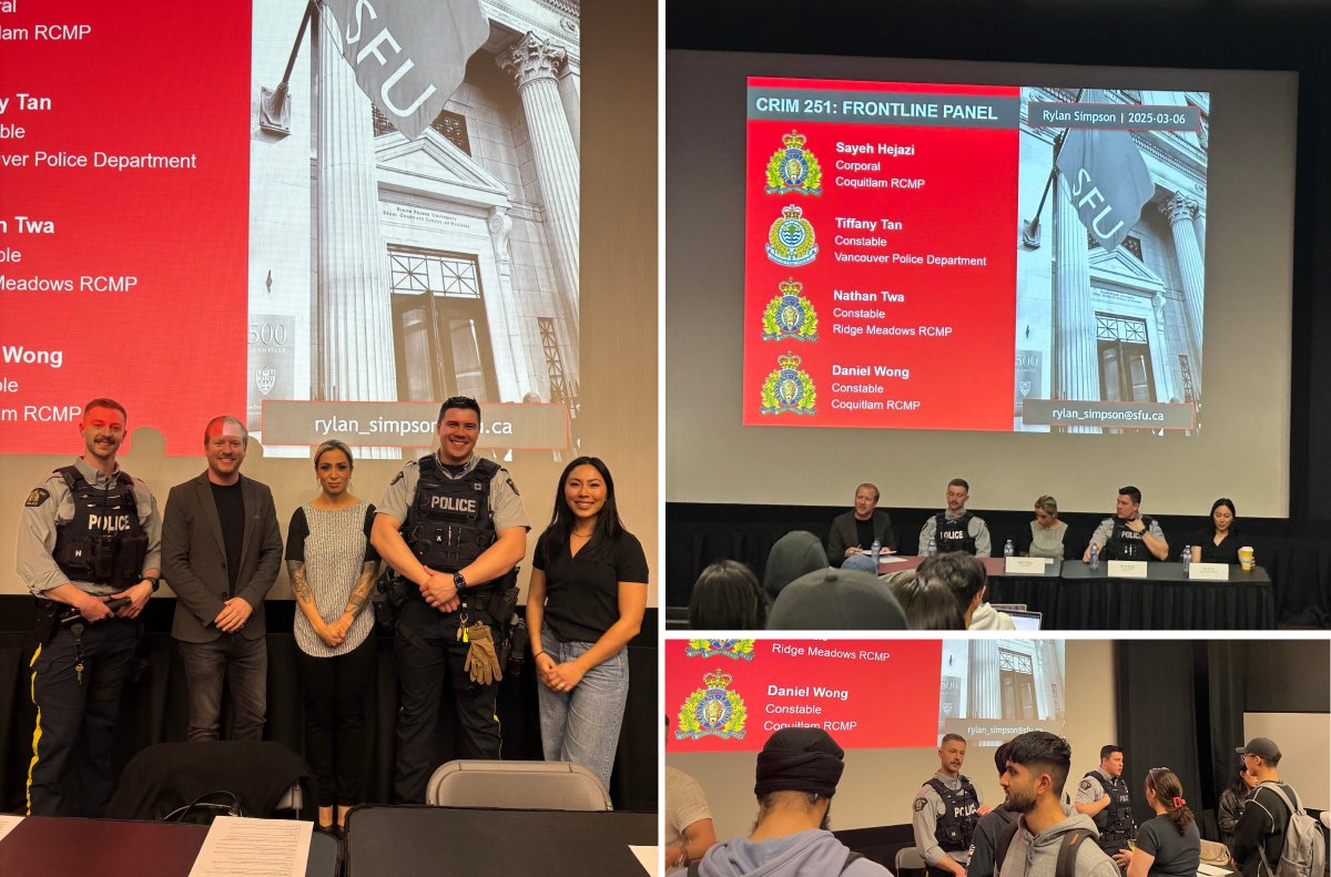 Rylan Simpson (@rylan_simpson) on Twitter photo Last night I hosted 4 ofcrs from 3 dift agencies/detachments as part of my <a href="/SFU/">Simon Fraser University</a> CRIM251 panel on frontline policing.
Thx to <a href="/cqrcmp/">Coquitlam RCMP</a> Cpl Hejazi & Cst Wong, <a href="/RidgeRCMP/">Ridge Meadows RCMP</a> Cst Twa & <a href="/VancouverPD/">Vancouver Police</a> Cst Tan for sharing your experience w/ my <a href="/sfucriminology/">SFU Criminology</a> students!
@ChiefPalmer <a href="/LMDRCMP/">Lower Mainland RCMP</a> Last night I hosted 4 ofcrs from 3 dift agencies/detachments as part of my <a href="/SFU/">Simon Fraser University</a> CRIM251 panel on frontline policing.
Thx to <a href="/cqrcmp/">Coquitlam RCMP</a> Cpl Hejazi & Cst Wong, <a href="/RidgeRCMP/">Ridge Meadows RCMP</a> Cst Twa & <a href="/VancouverPD/">Vancouver Police</a> Cst Tan for sharing your experience w/ my <a href="/sfucriminology/">SFU Criminology</a> students!
@ChiefPalmer <a href="/LMDRCMP/">Lower Mainland RCMP</a>