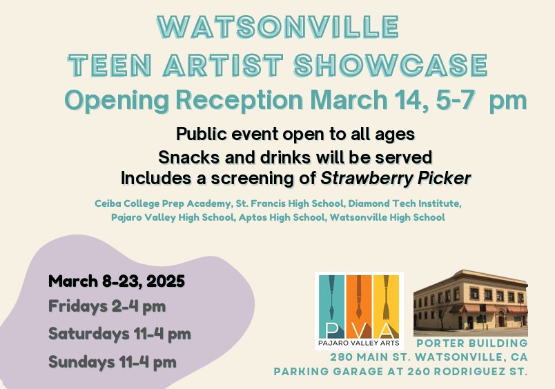 Pajaro Valley Unified School District (@pajarovalleyusd) on Twitter photo Watsonville High and Pajaro Valley Arts bring bring the Watsonville Teen Artist Showcase! Art will be on display March 8 - 23, and an opening reception will be held on March 14, 5 - 7 pm.
<a href="/pvft/">PVFT</a>
<a href="/pvusd_merit/">PVUSD Personnel Commission</a>
<a href="/pvarts/">Pajaro Valley Arts</a> Watsonville High and Pajaro Valley Arts bring bring the Watsonville Teen Artist Showcase! Art will be on display March 8 - 23, and an opening reception will be held on March 14, 5 - 7 pm.
<a href="/pvft/">PVFT</a>
<a href="/pvusd_merit/">PVUSD Personnel Commission</a>
<a href="/pvarts/">Pajaro Valley Arts</a>
