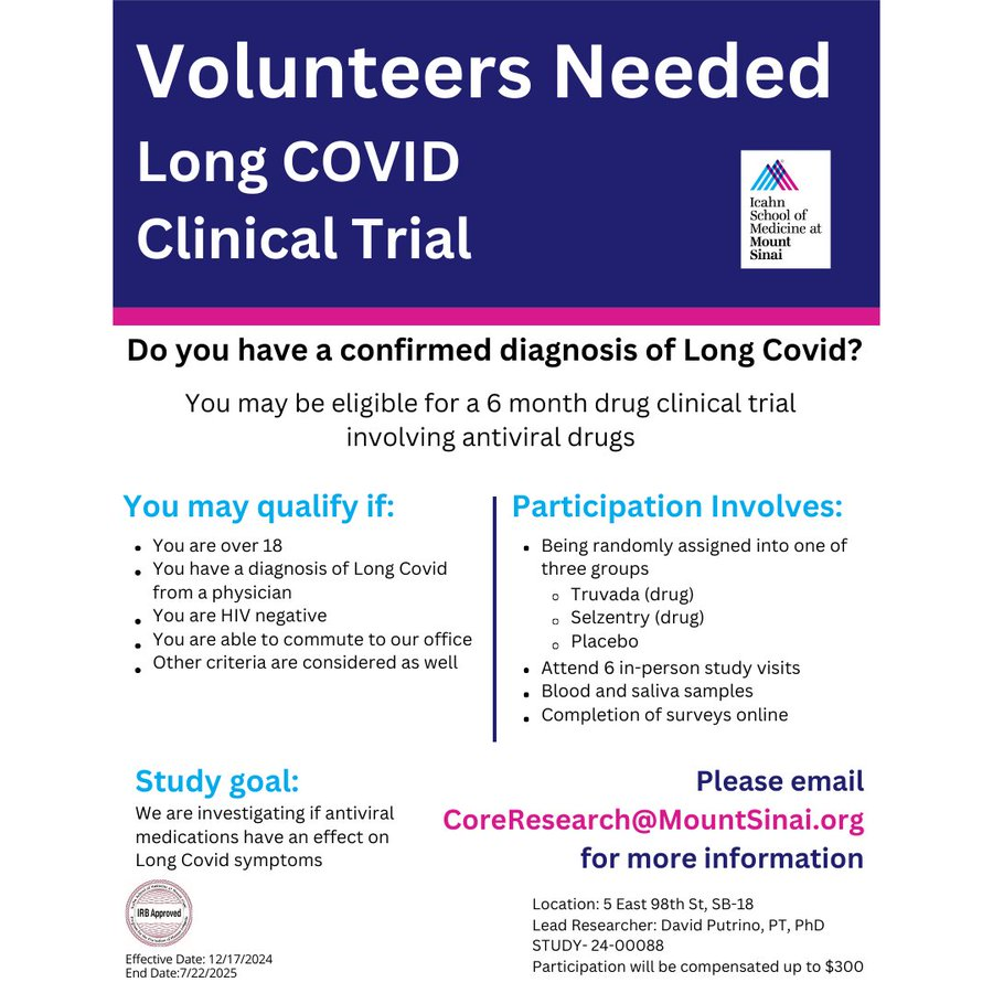 Long COVID and viral reactivation are linked. Our latest trial focuses on repurposing existing, broad spectrum antivirals to reduce symptoms in adults with #LongCOVID. Our clinical trial is currently recruiting! Email CoreResearch@mountsinai.org to inquire.