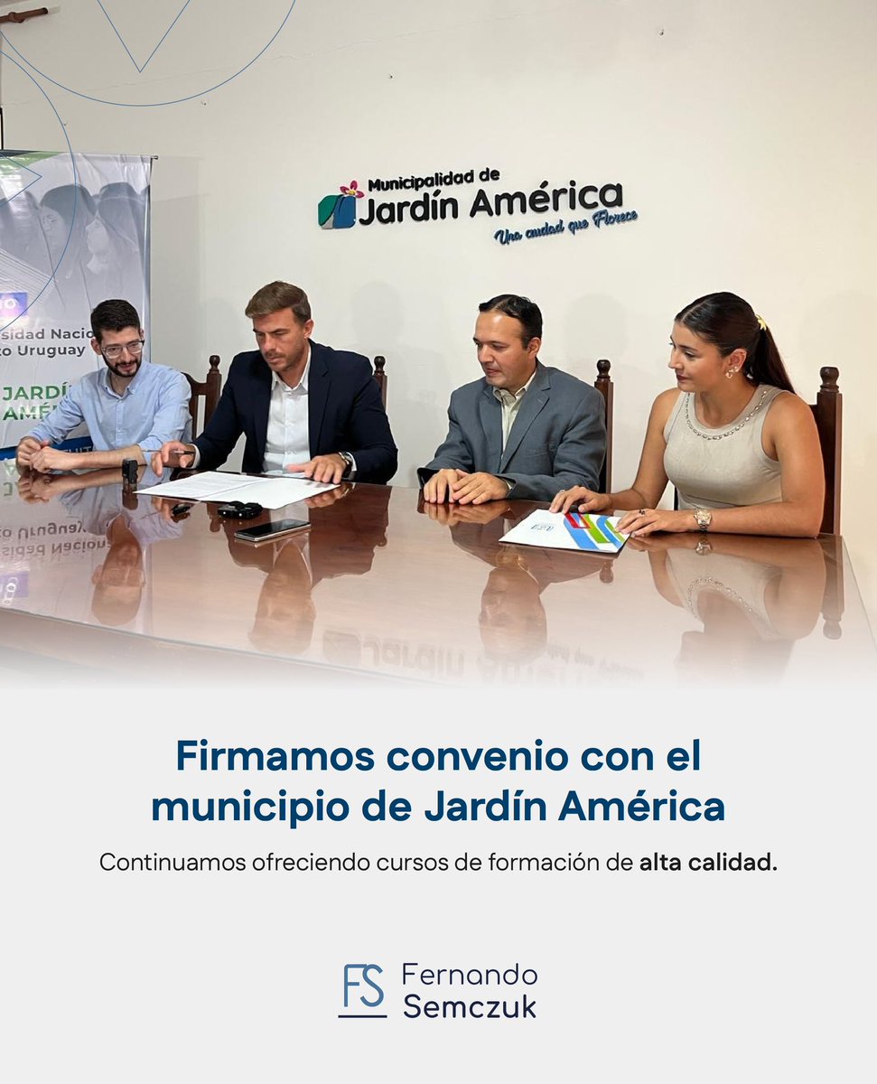 Comparto con entusiasmo que firmamos convenio con el municipio de Jardín América para continuar ofreciendo cursos de formación de alta calidad. 
A través de este acuerdo, se desarrollarán los siguientes cursos:
📚 Inglés Nivel 1 y 2
📚 Lengua de Señas Argentinas
📚 Operador de