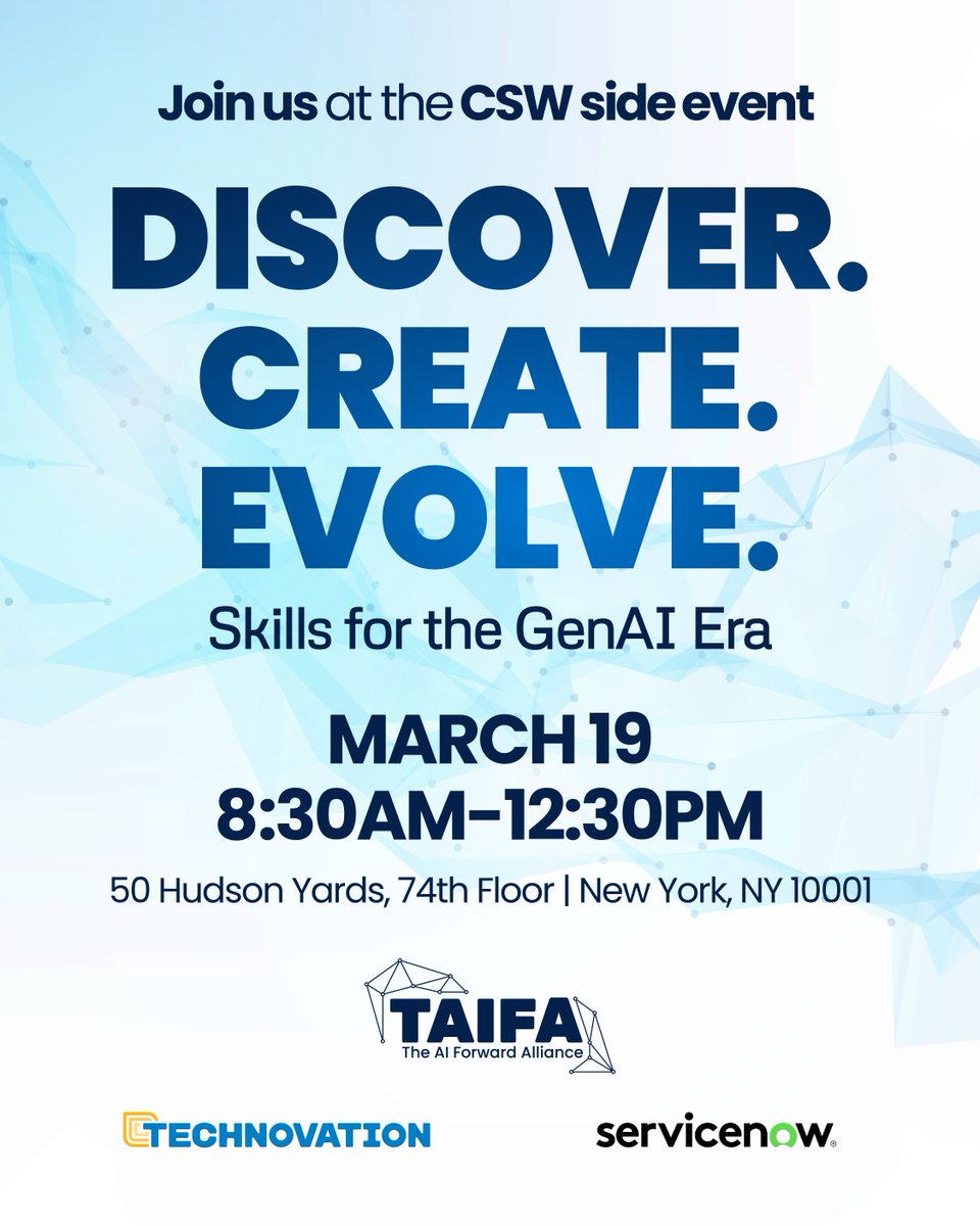 We are headed back to New York for the 69th UN Commission on the Status of Women! 

Join us &amp; our amazing hosts, <a href="/ServiceNow/">ServiceNow</a>, for expert panels and interactive workshop sessions on #GenAI and the workforce of the future. 

Register here! bit.ly/3F6osNj

#CSW69 #TAIFA
