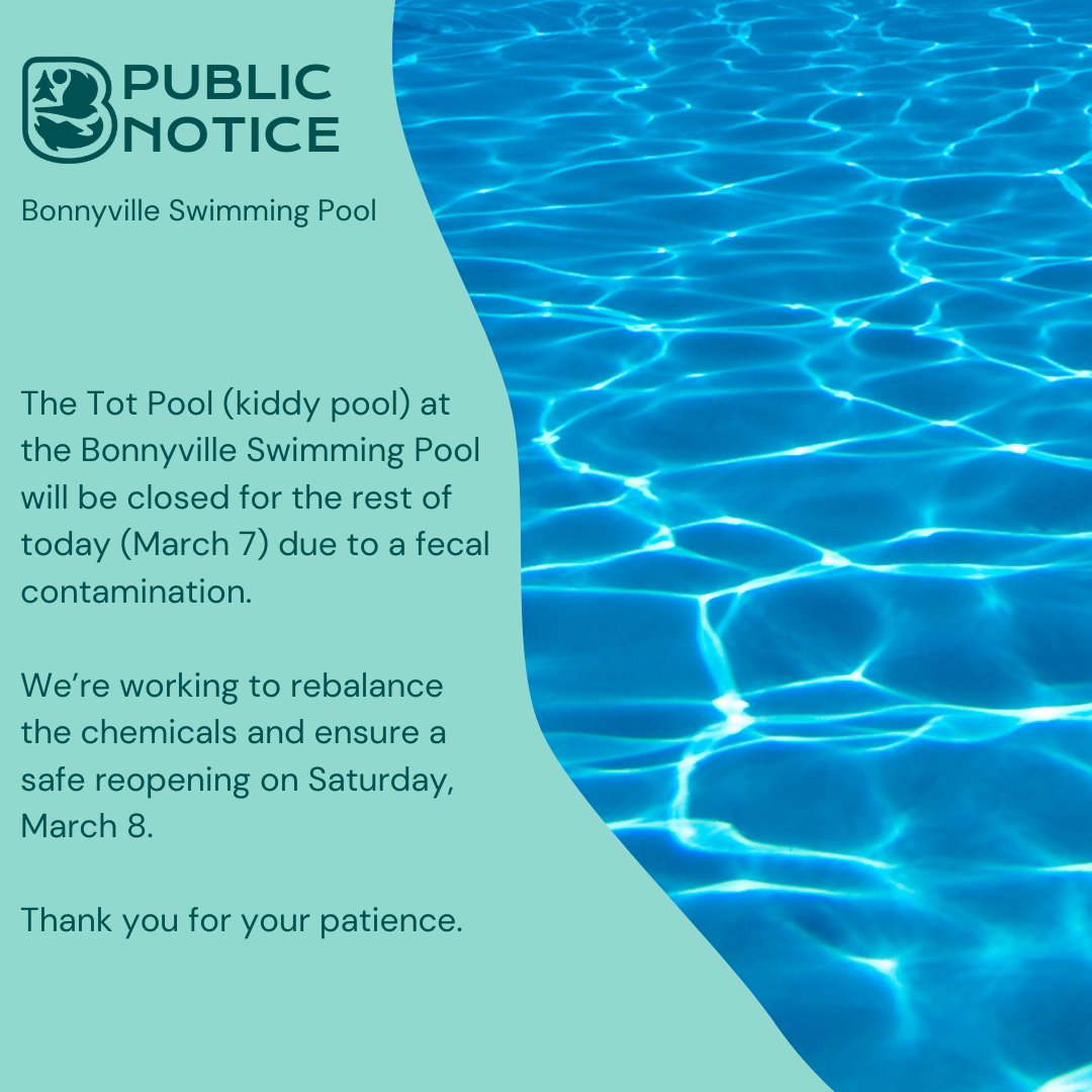 Please Note: The Tot Pool (kiddy pool) at the Bonnyville Swimming Pool will be closed for the rest of today (March 7) due to a fecal contamination.

We’re working to rebalance the chemicals and ensure a safe reopening on Saturday, March 8.

Thank you for your patience.
