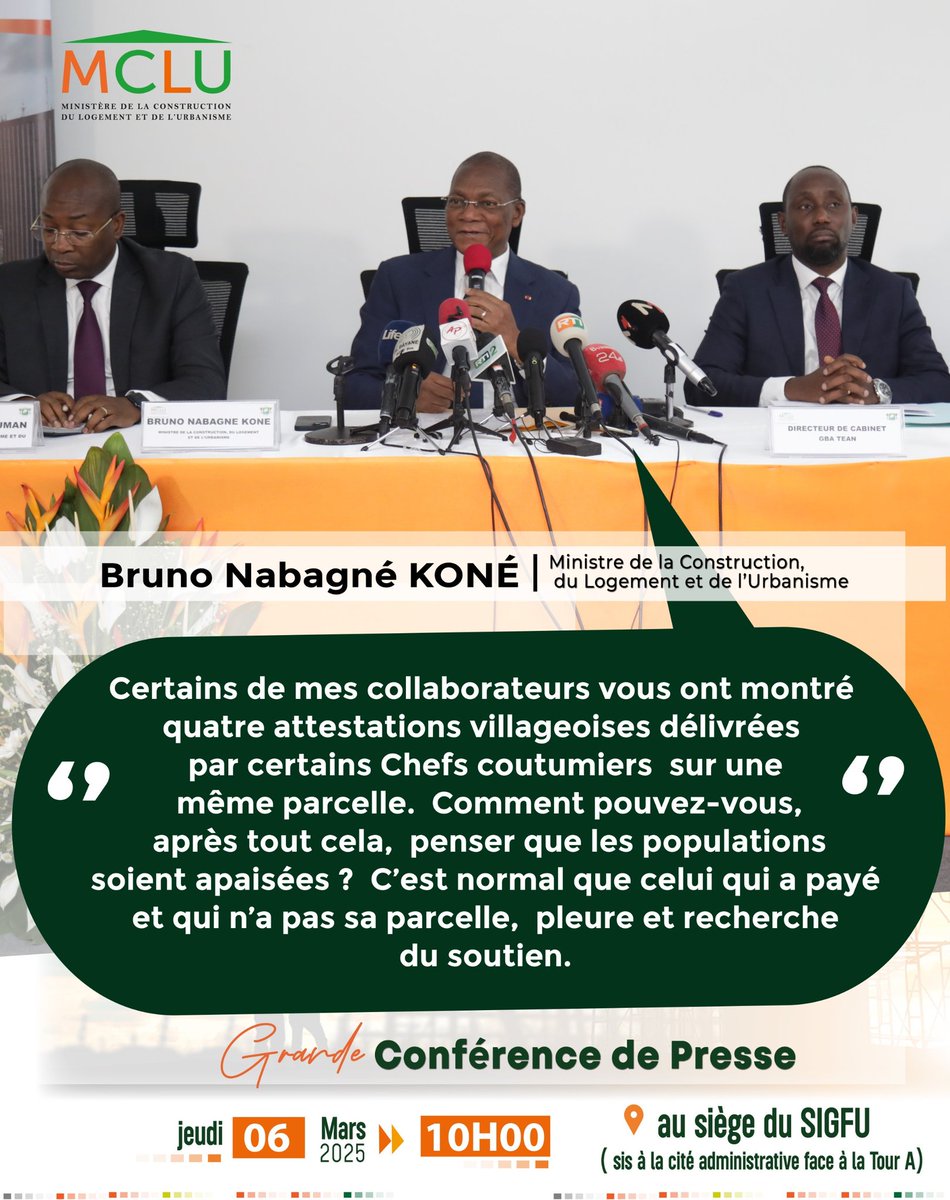 mulcv_gouv's tweet photo. 💬 #Paroleforte | "Certains de mes collaborateurs vous ont montré quatre attestations villageoises délivrées par certains Chefs coutumiers sur une même parcelle... C'est normal que celui qui a payé et qui n'a pas sa parcelle, pleure et recherche du soutien."
#allonsalADU
#fonciersécurisé
#mclu #ADU
#grandeconférence