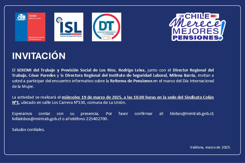 Se extiende invitación a la comunidad de la Región de Los Ríos a participar en actividad organizada por el <a href="/MintrabLosRios/">Mintrab Los Ríos</a> <a href="/drtlosrios/">DRTLOSRIOS</a> <a href="/ISLLosRios/">ISL Los Ríos</a>