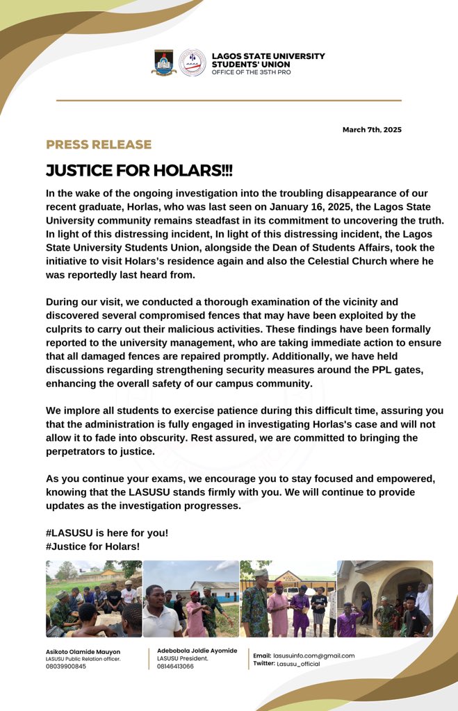 #JUSTICEFORHORLAS!

We urge all our students to stay calm as all hands are on deck.

Investigations are currently ongoing and Holars perpetrators will be brought to book in no time