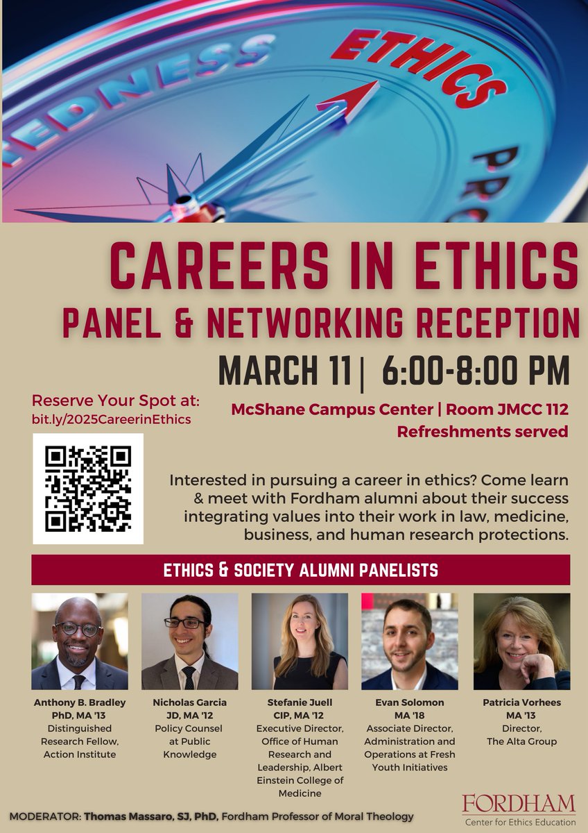 Fordham University | GSAS (@fordhamgsas) on Twitter photo MARCH 11 (6pm): Careers in Ethics Panel & Networking Reception
Join <a href="/FordhamEthics/">Fordham Ethics</a> to hear from alumni as they share how they have successfully integrated ethical values into their careers in #law, #medicine, #business, and human research protections. MARCH 11 (6pm): Careers in Ethics Panel & Networking Reception
Join <a href="/FordhamEthics/">Fordham Ethics</a> to hear from alumni as they share how they have successfully integrated ethical values into their careers in #law, #medicine, #business, and human research protections.