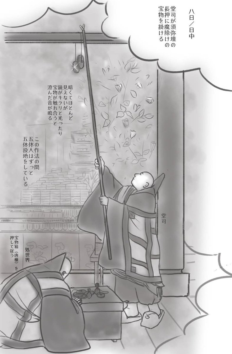 【宝物掛け】
「宝物」と呼ばれる小さな華瓶や銅鏡。
3月8日の日中に魔除け(結界)のために須弥壇の長押に竿で掛けらる。
日中の格子の視界は狭く、暗く、とにかくよく見えなかった。
宝物は2つ紐で繋がれていて、時折涼やかな音を立てたり
、揺れてキラリと光ったりしました。
#絵で見るお水取り 