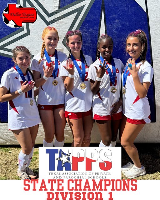 Congratulations to these Dallas Texans Girls on their 2025 TAPPS Division 1 State Championship win🏆
(Left to right)
Lily Marquez (08 NL)
Elliot Severson (08 NL)
Makenzie Majors (08 NL)
Ryan Fogel (06/07 NL)
Madeline Cervantes (09 NL)