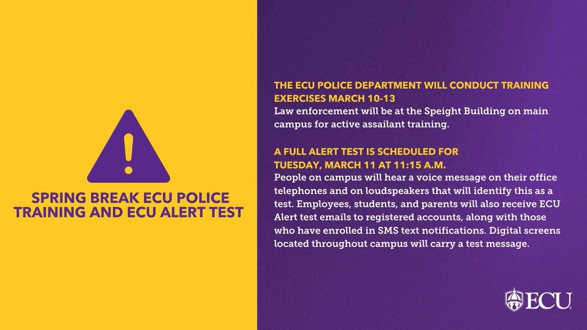 ECU (@eastcarolina) on Twitter photo Heads up, #Pirates! 🚨
The university will test the ECU Alert notification system and conduct police training activities on campus next week.
Learn more ➡️ ecu.edu/alert/ Heads up, #Pirates! 🚨
The university will test the ECU Alert notification system and conduct police training activities on campus next week.
Learn more ➡️ ecu.edu/alert/