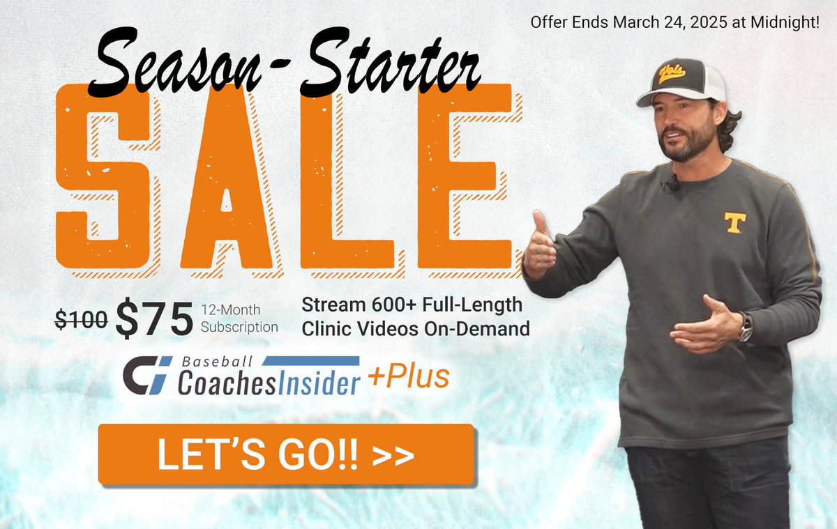 ⚾️ Start Your Season WITH US! ⚾️    $25 Off for Access to 600+ Full-Length Baseball Clinic Videos!

Over 50 NEW sessions added since January!
👉'25 TX HS Baseball Sessions
👉'25 IL HS Baseball Sessions
👉'25 ABCA Convention Q&amp;A Sessions

coachesinsider.com/baseball-plus/
Offer Ends 3/24/25