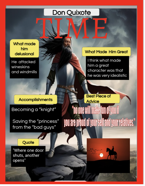 After finishing our Don Quixote Unit, our students used Canva's Magic Media Tool to create images of the infamous knight for their Time Magazine Covers. He looks great!
