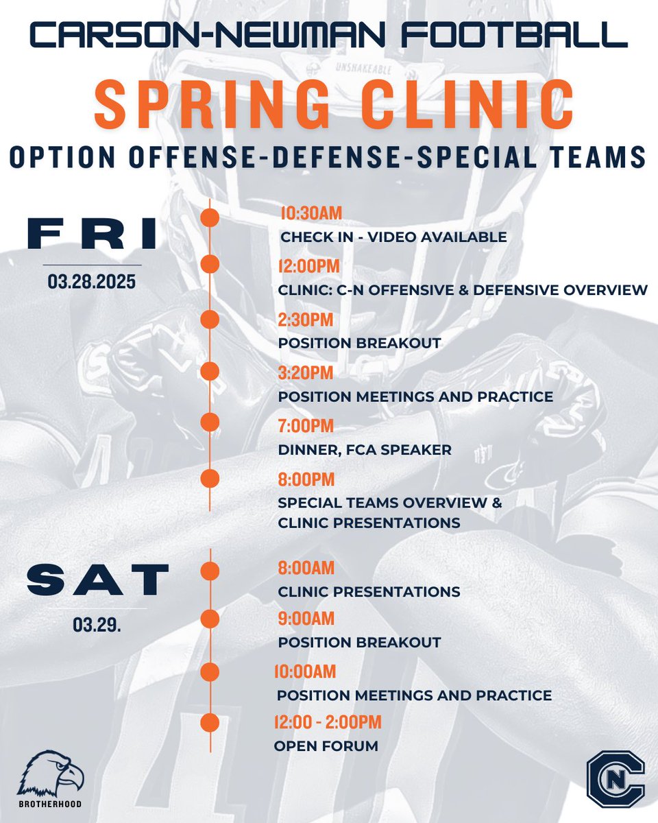 The Spring Clinic Schedule is Official! 

🗓️March 28th - March 29th

☑️Option Concepts 🦅
☑️Defense 🦅
☑️Special Teams 🦅
☑️FCA 🦅
2️⃣ Practices 🦅
✍🏽And More 🦅

Register: bit.ly/cnclinic

#TalonsUp #Brotherhood #ComeToTheCreek #ClinicAtTheCreek