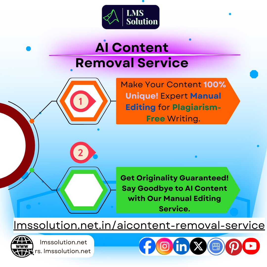 Lms_Solution's tweet image. Customized service ensures removal of AI-generated content for authenticity.
zurl.co/WdXp4
#AIContentRemoval #AuthenticityMatters #GenuineContent #ContentIntegrity #HumanizedService #Originality #EthicalWriting #ContentVerification #WritingSolutions #AIinWriting